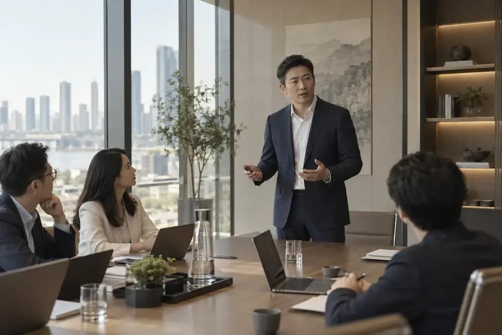 华人科技企业家在团队会议中表达观点的场景示意