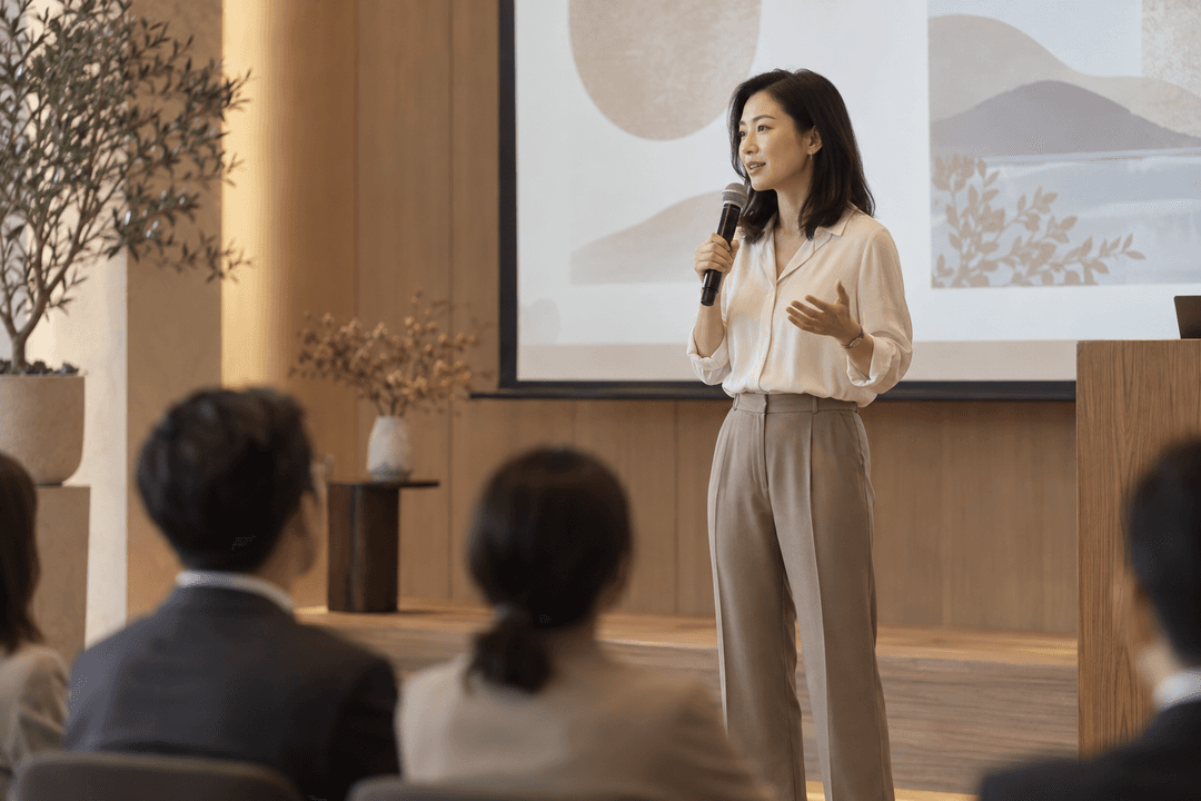 手持麦克风,在台上从容汇报